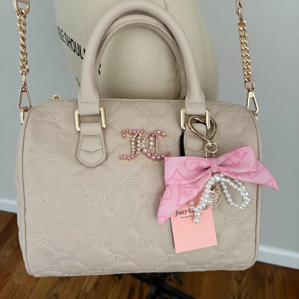 Juicy Couture Tie The Knot Satchel Sandstone Pink Bow Faux Pearl Charm Chic